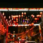 Red Chinese lanterns hanging above a city street at night